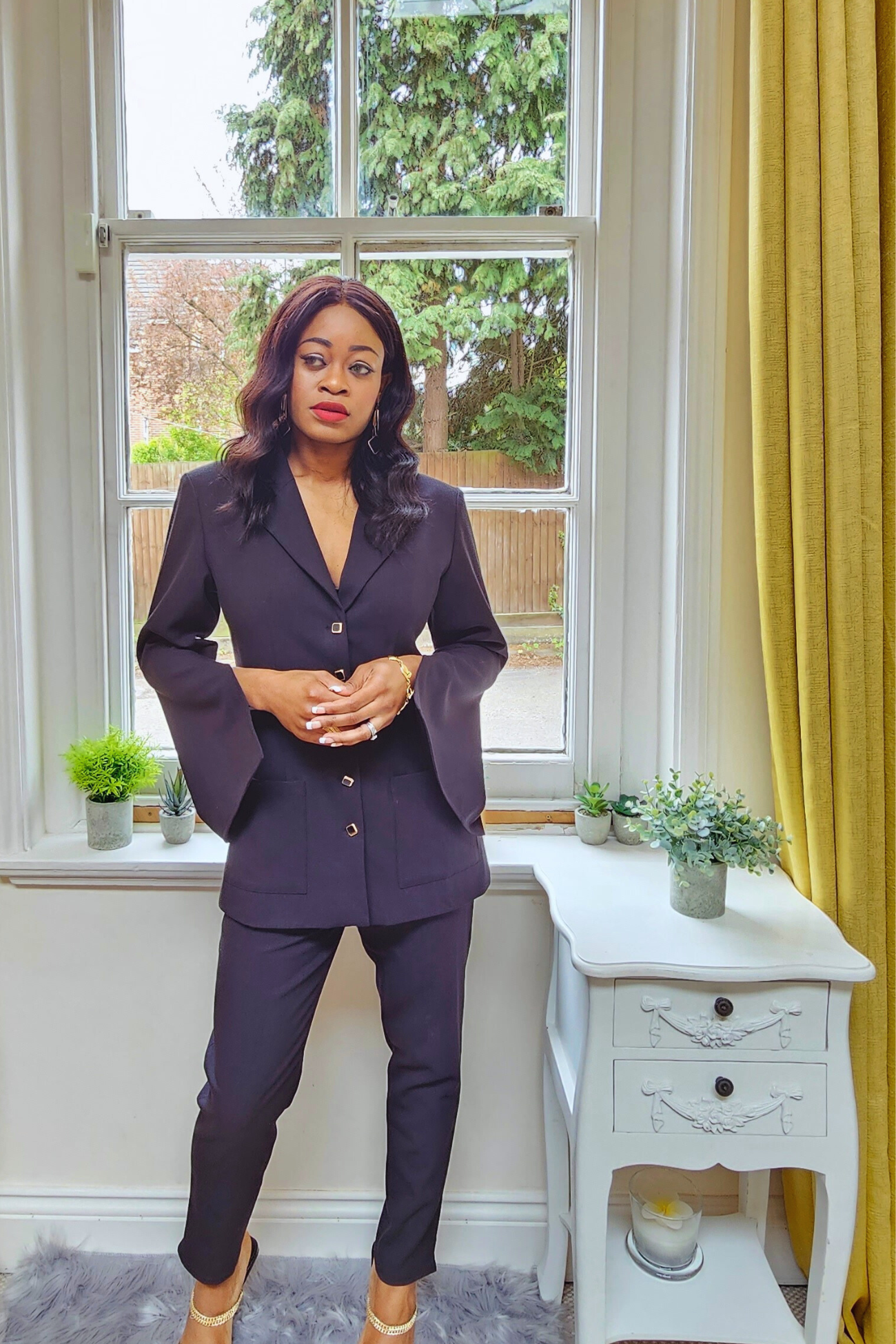 cigarette pants and blazer Baby Blue Suit with Vest, Single-breasted Blazer button closure and a decorative chest pocket Cigarette Ponte Pants - Slate